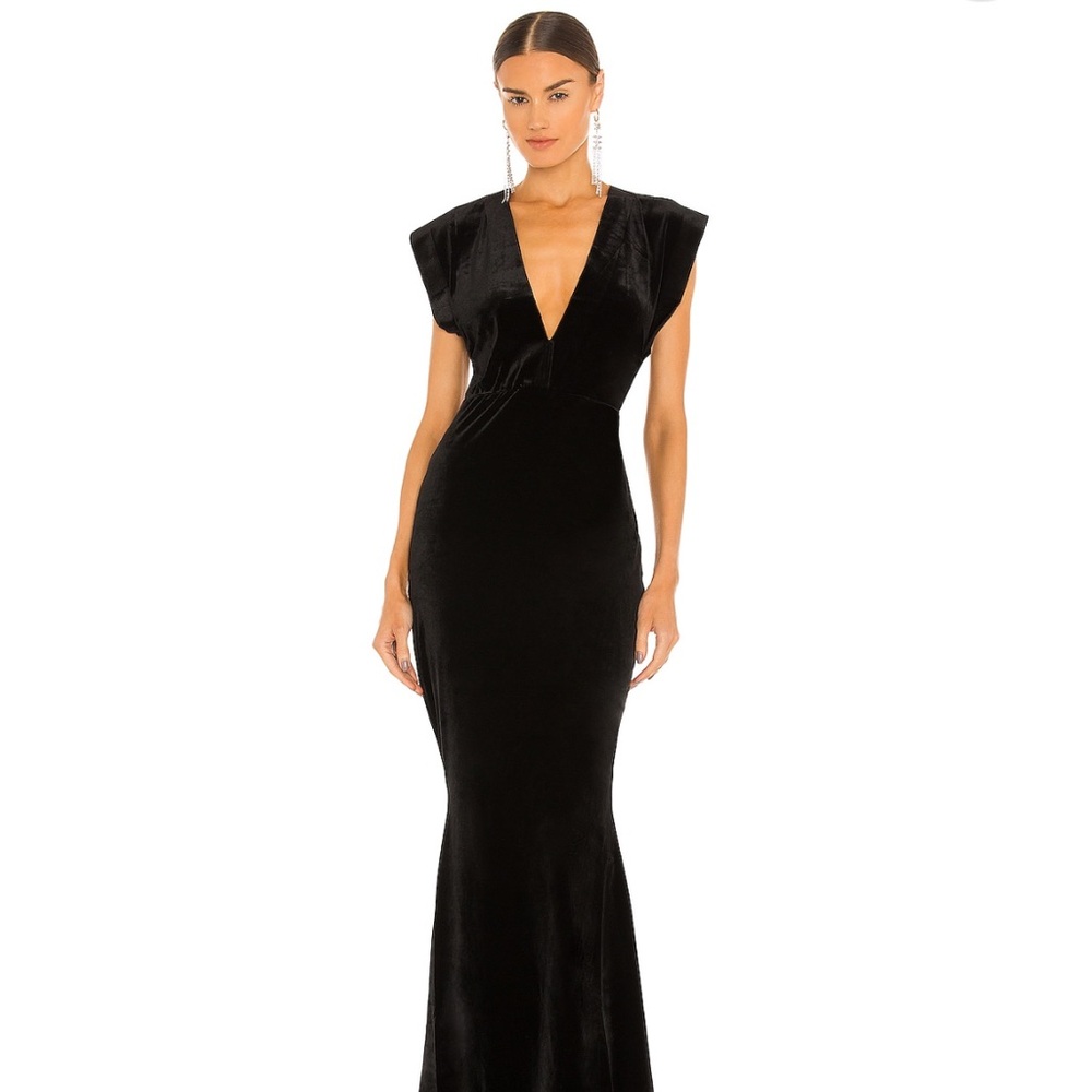 Norma Kamali Black Velvet Deep V Maxi Dress